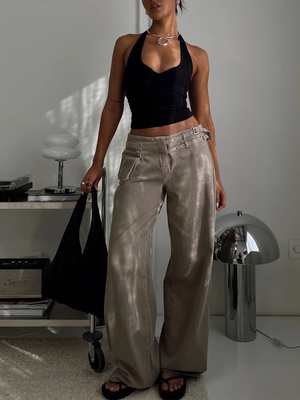 Princess Polly Taupe Wide-Leg Satin Trousers